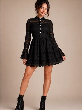 Somedays Lovin Black Lace Button-Front Mini Dress